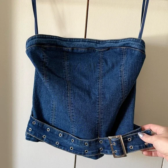 Silence+Noise Mia Belted Buckle Denim Tube Top Urban Outfitters Size Small Y2K - Picture 6 of 12